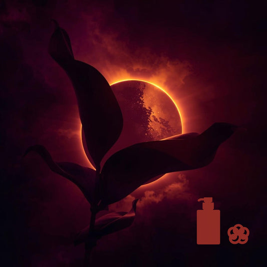   
Dark, atmospheric scene with a silhouetted plant in front of a glowing red eclipse, with a small red pump‑bottle icon and a knot‑shaped icon in the lower right corner.