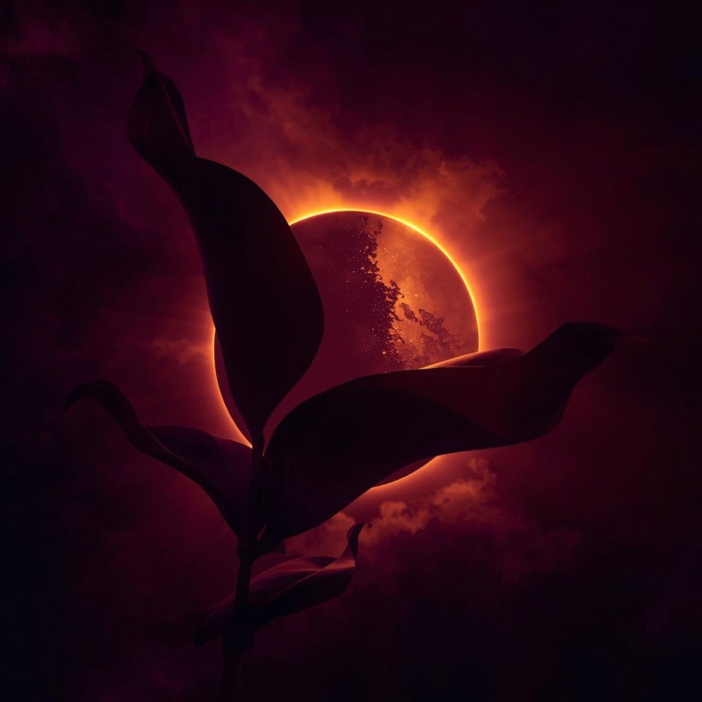 A glowing golden eclipse rising through violet‑black haze, with a shadowy orchid stem leading toward the light — an atmospheric visual representing a reinterpretation of Tom Ford Black Orchid.