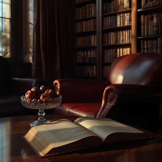 Paper Myth extrait de parfum — a timeless reinterpretation of Byredo Bibliothèque. Plum, peach, violet, peony, leather, patchouli, vanilla, and musk. A warm library with leather armchairs, aged fruit, and afternoon light, evoking memory, intimacy, and literary elegance.