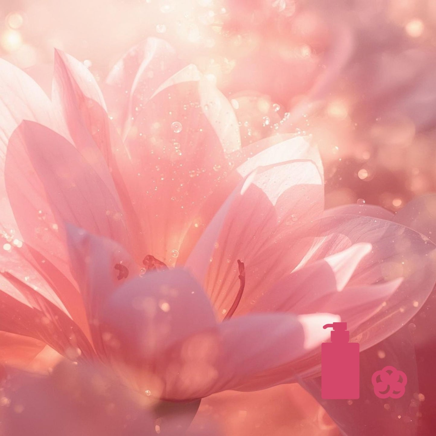   
Close‑up pink flower with soft lighting and bokeh highlights, with a small pink pump‑bottle icon and a knot‑shaped icon in the lower right corner.
