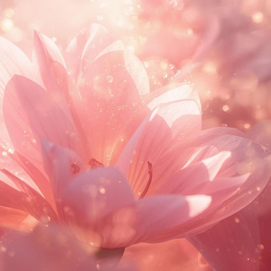 Soft pink light glowing through a bright, romantic haze, with a single abstract floral form illuminated by warm sunlight — an atmospheric visual representing a reinterpretation of Viktor & Rolf Flowerbomb.