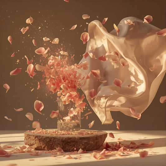 Petal Havoc extrait de parfum — a defiant reinterpretation of Viktor & Rolf Flowerbomb. Jasmine, rose, freesia, patchouli, and vanilla. Petals mid-explosion in golden light beside silk and shattered glass.