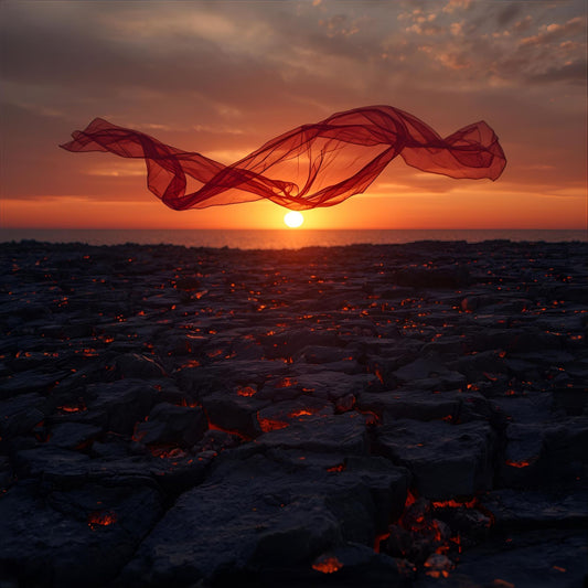 Red Construct extrait de parfum — a reinterpretation of Baccarat Rouge 540. A translucent red veil floats mid-air above a cracked, lava-like terrain at sunset. The ground is dark and jagged, with glowing red fissures suggesting residual heat. The sky glows with warm hues of orange, pink, and purple, casting soft light across the scene. The fabric twists gently in motion, illuminated by the fading sun. Designed by Metaphor, this extrait evokes engineered elegance, emotional warmth, and architectural radiance