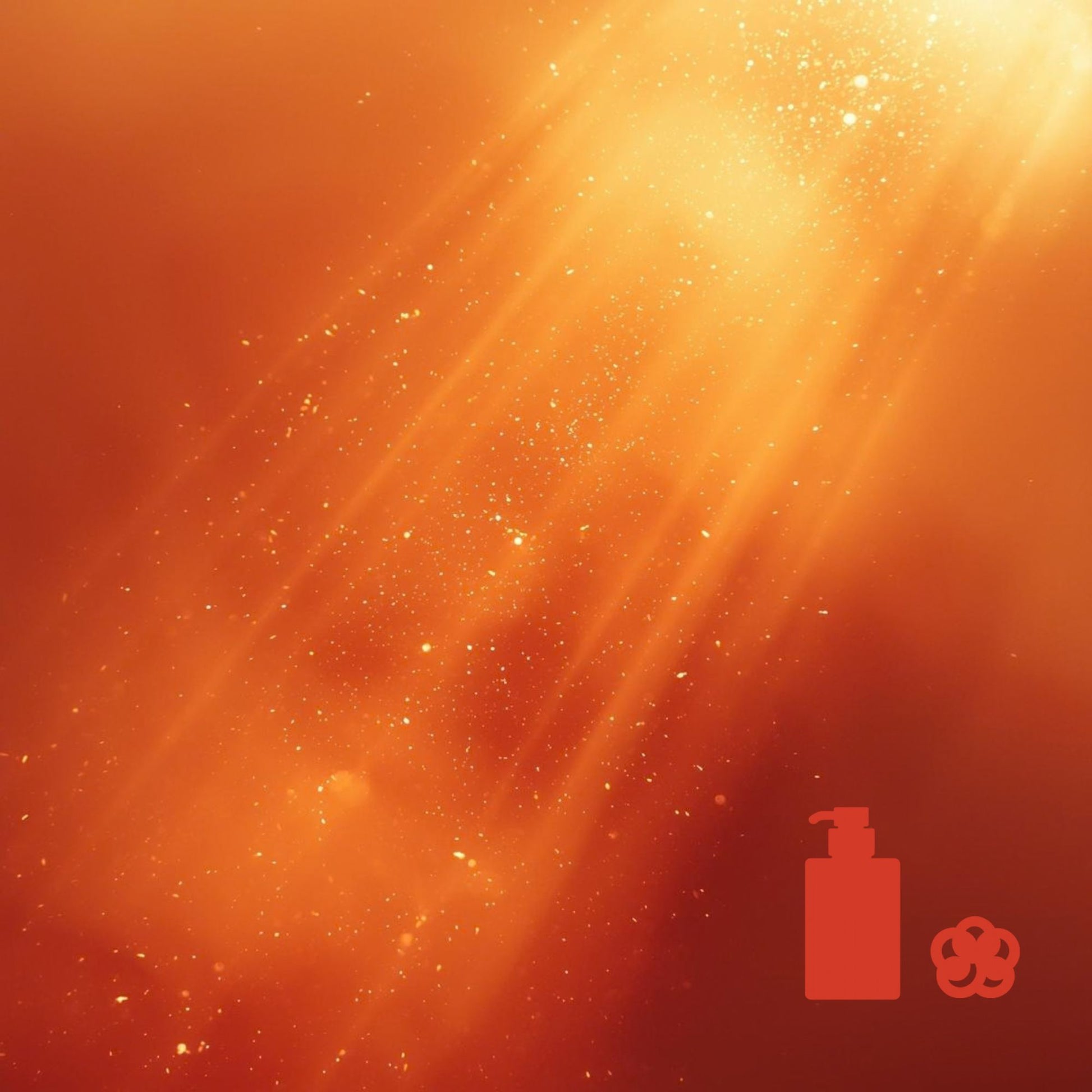 Warm orange glowing background with scattered light particles, with a small red pump‑bottle icon and a flower‑shaped icon in the lower right corner.