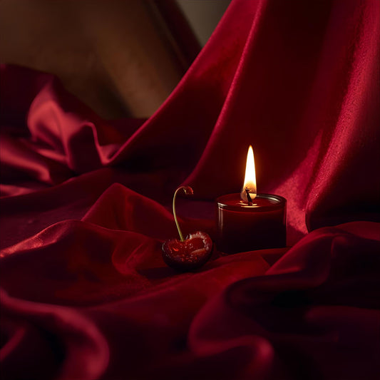 Red Vow extrait de parfum — a bold reinterpretation of YSL Black Opium Over Red. Sour cherry, espresso, orange blossom, and dark vanilla. Red silk and candlelight with a bitten cherry.