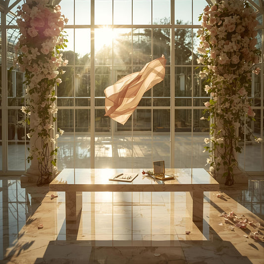 Rose Signal extrait de parfum — a luminous reinterpretation of Creed Eladaria. Bergamot, freesia, Bulgarian rose, jasmine, ambroxan, white musk, and creamy woods. A sunlit conservatory with marble surfaces, scattered petals, and suspended silk, evoking floral clarity and modern feminine presence.