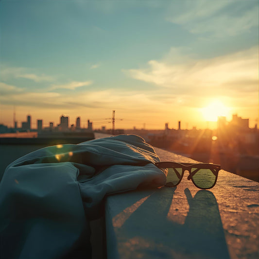 Run the Sky extrait de parfum — a crisp reinterpretation of YSL Y. Apple, sage, bergamot, and tonka bean. Sunrise skyline with vapor trails and a windblown jacket catching morning light.