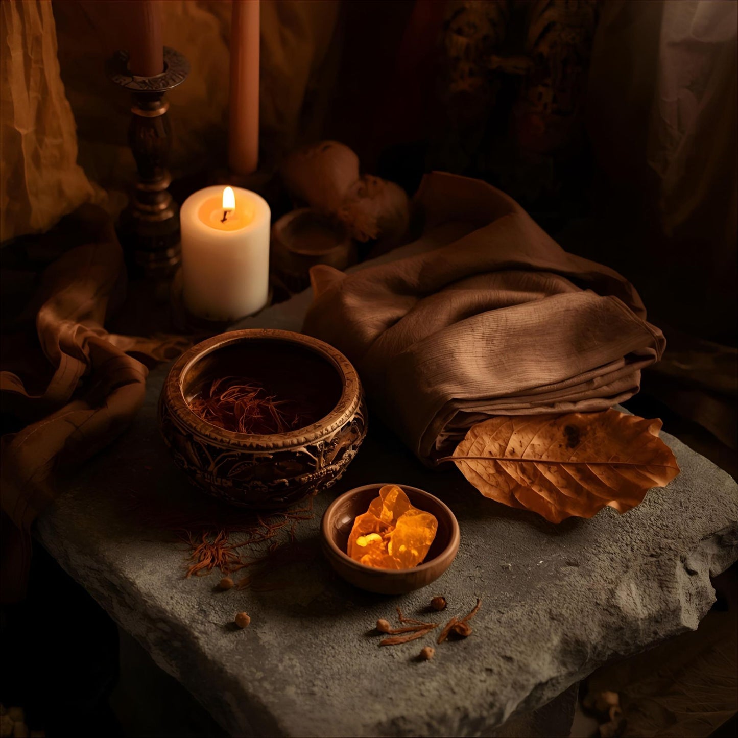 Saffron Rites extrait de parfum — a hypnotic reinterpretation of D&G Velvet Zafferano. Saffron, tobacco leaf, amber, vanilla, patchouli, and labdanum. A candlelit stone altar with saffron threads, amber resin, and draped fabric, evoking ritual, warmth, and olfactive memory.