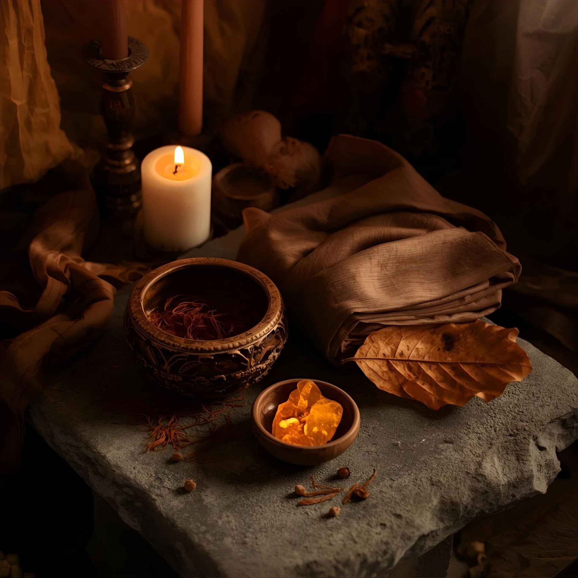 Saffron Rites extrait de parfum — a hypnotic reinterpretation of D&G Velvet Zafferano. Saffron, tobacco leaf, amber, vanilla, patchouli, and labdanum. A candlelit stone altar with saffron threads, amber resin, and draped fabric, evoking ritual, warmth, and olfactive memory.