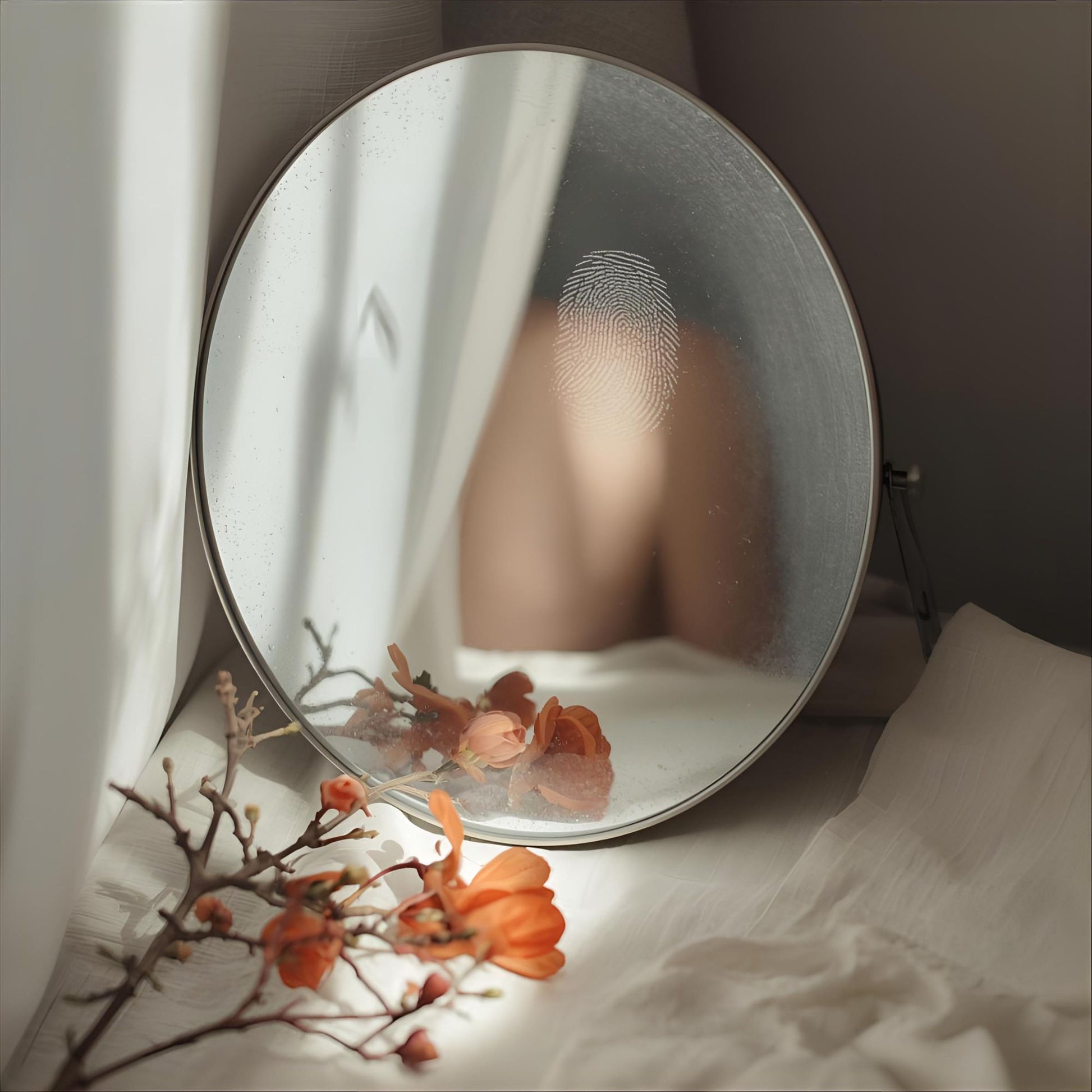 Say It Without Sound extrait de parfum — a soft reinterpretation of YSL Myslf. Bergamot, orange blossom, ambergris, and musk. A round mirror reflects bare skin and orange blossoms, with a fingerprint visible on the glass. White linen and soft light evoke intimacy and quiet presence.