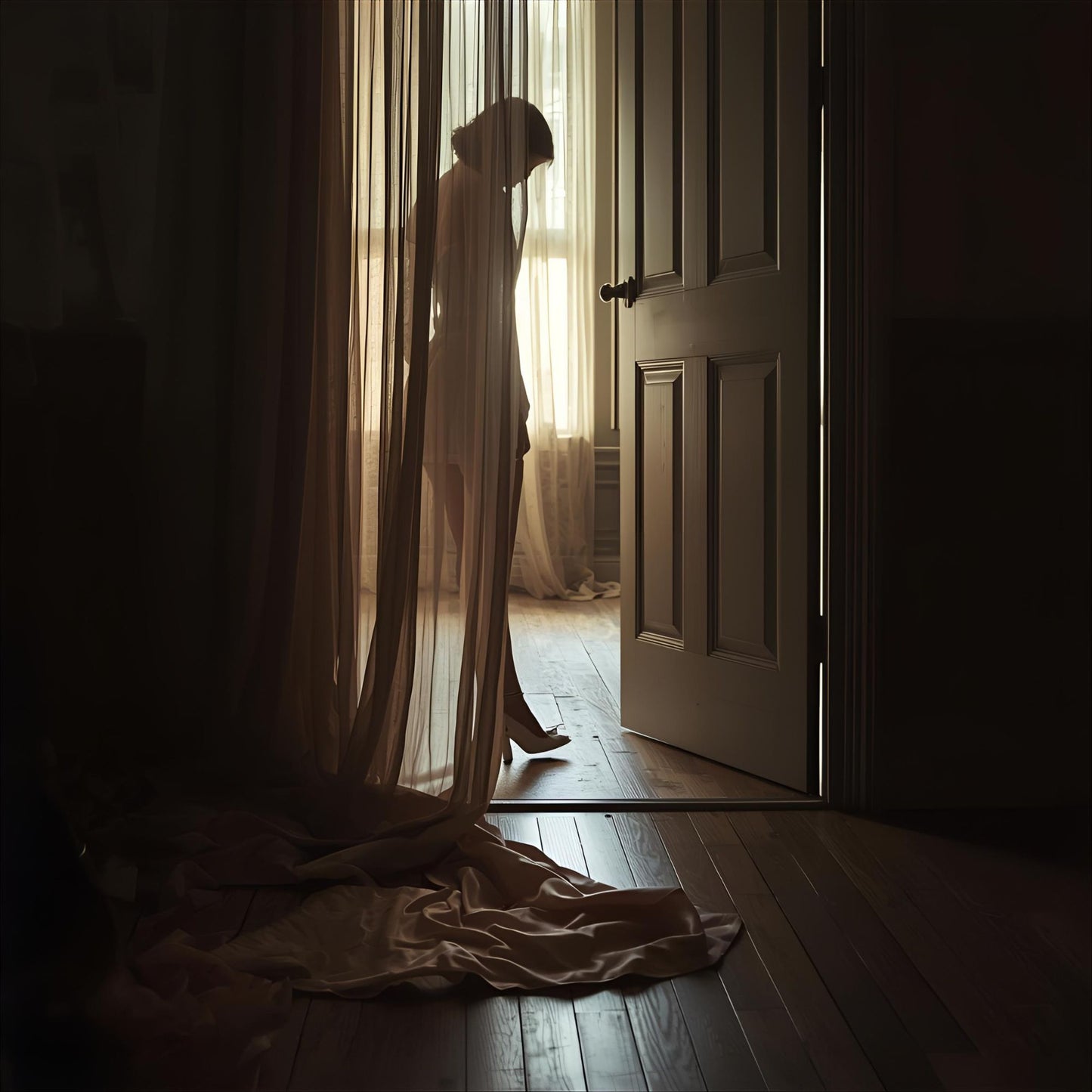 She Said Nothing extrait de parfum — a soft reinterpretation of Prada Paradoxe. Neroli, pear, jasmine, amber, and musk. A woman’s silhouette behind sheer curtains, light spilling across the floor, evoking quiet intimacy and emotional tension.