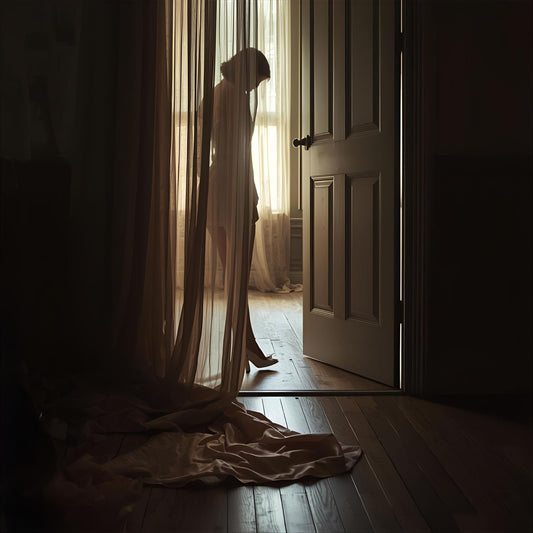 She Said Nothing extrait de parfum — a soft reinterpretation of Prada Paradoxe. Neroli, pear, jasmine, amber, and musk. A woman’s silhouette behind sheer curtains, light spilling across the floor, evoking quiet intimacy and emotional tension.