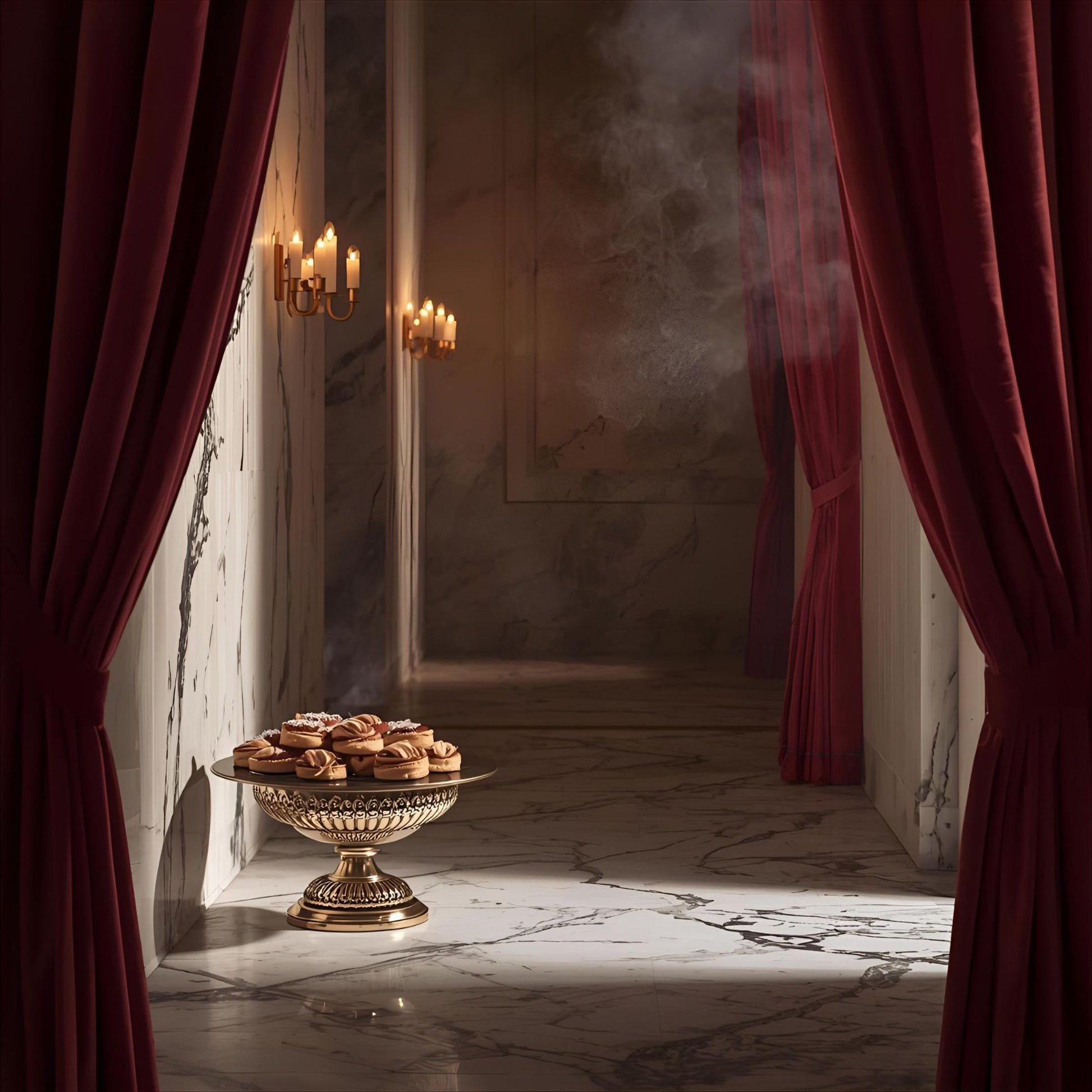 Smoke and Glaze extrait de parfum — a rich reinterpretation of Roja Sweetie Aoud. Almond, sugar, butter, rose de mai, frankincense, oud, amber, and spice. A marble corridor with pastries and incense, evoking indulgence, reverence, and olfactive ritual.
