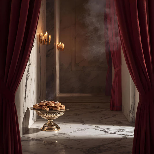 Smoke and Glaze extrait de parfum — a rich reinterpretation of Roja Sweetie Aoud. Almond, sugar, butter, rose de mai, frankincense, oud, amber, and spice. A marble corridor with pastries and incense, evoking indulgence, reverence, and olfactive ritual.