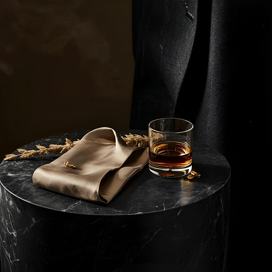 Smoke Wears Gold extrait de parfum — a restrained reinterpretation of Valentino Uomo Born in Roma Intense. Bourbon vanilla, smoked vetiver, lavender, and ginger. A polished stone surface with silk, bourbon, candle smoke, and gold detail, evoking quiet power and olfactive elegance.