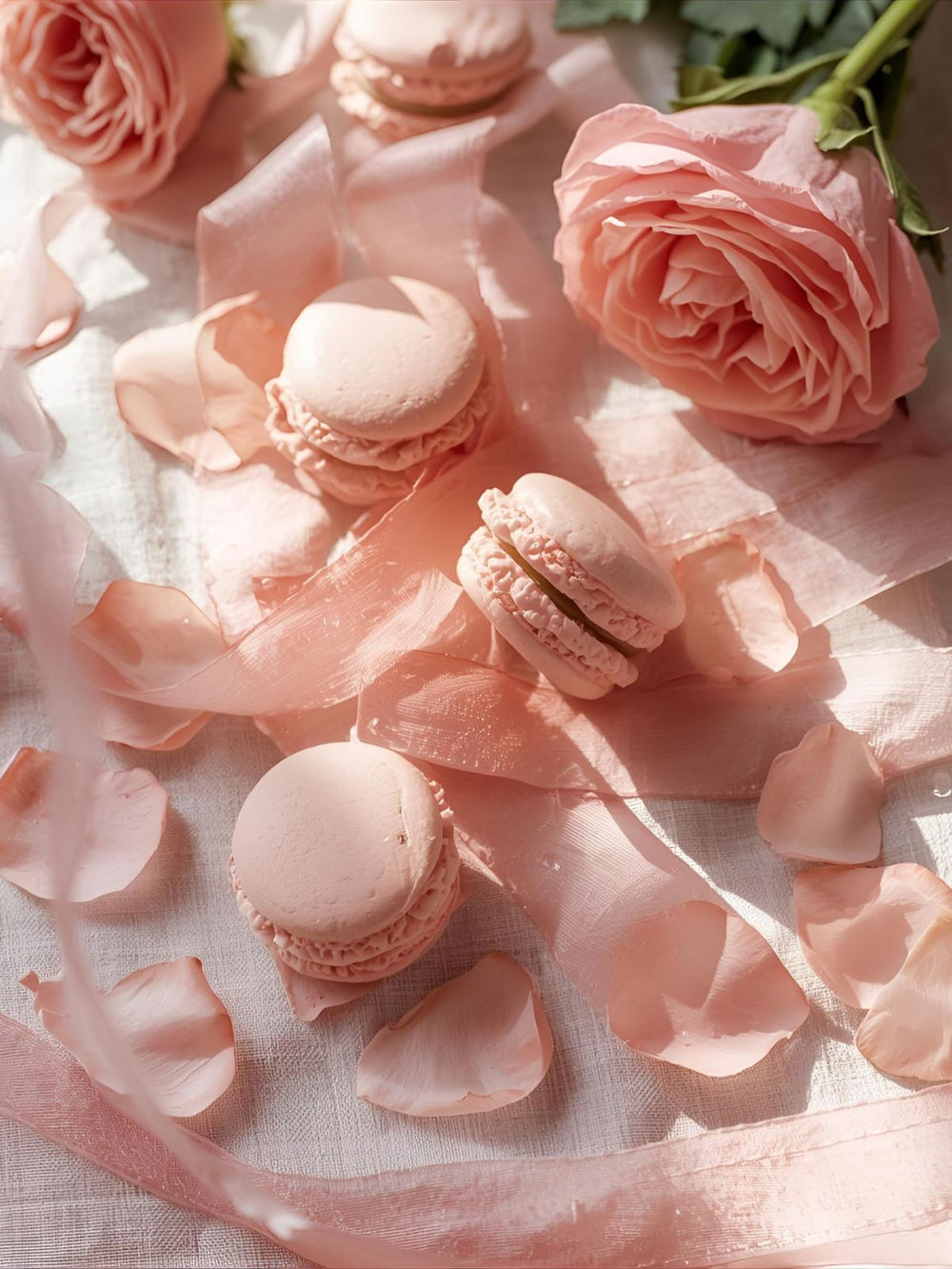Light pink macarons, rose petals, and ribbon arranged on soft white linen