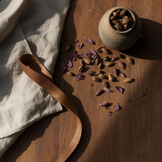 Soft Authority extrait de parfum — a textured reinterpretation of Le Labo Santal 33. Cardamom, violet, sandalwood, papyrus, and worn leather. A cedarwood surface with linen, dried petals, and quiet shadows, evoking olfactive restraint and quiet influence.