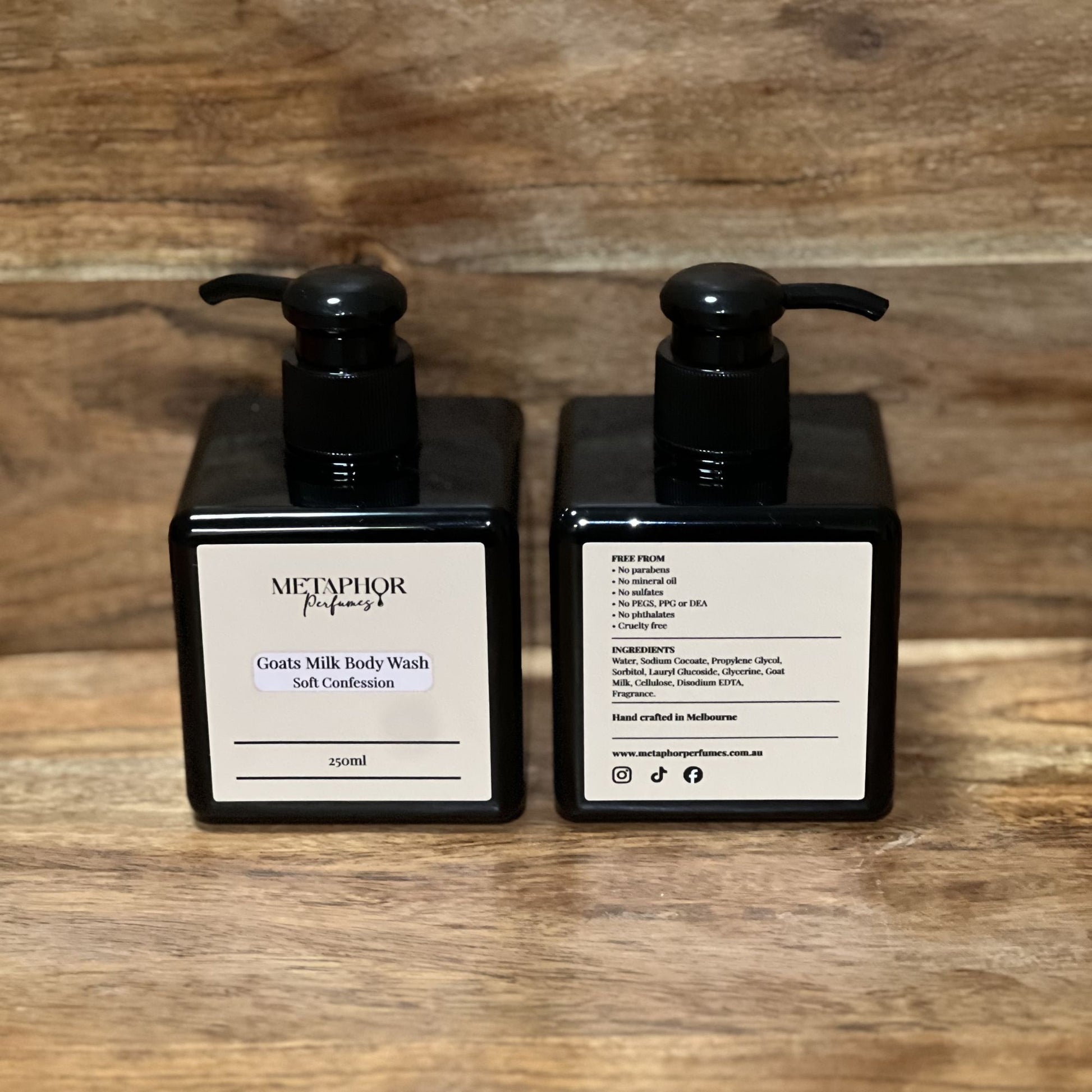 Product image of Metaphor Perfumes goats milk body wash in a black pump bottle on a wooden surface — Soft Confession, inspired by Kilian Love Don’t Be Shy.