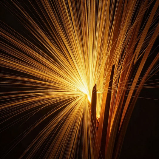 A radiant burst of golden light erupts from a central point, with warm amber streaks fanning outward in dynamic motion. The abstract energy and luminous tension visually echo the character of Louis Vuitton Lovers, capturing the sharp clarity and radiant heat that define Solar Affair.
