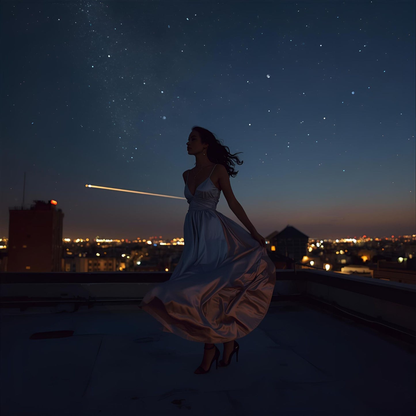 Starwake extrait de parfum — a radiant reinterpretation of Louis Vuitton Attrape-Rêves. Lychee, bergamot, peony, Turkish rose, cocoa, and patchouli. A girl stands on a rooftop at midnight as a meteor streaks across the sky, evoking motion, euphoria, and dreamlike clarity.