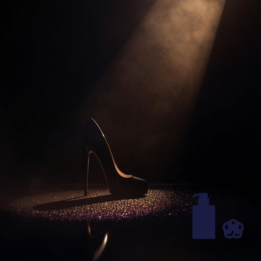High‑heeled shoe under a focused spotlight on a glittering surface, with a dark, smoky background.