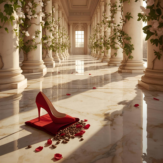 Stiletto Myth extrait de parfum — a bold reinterpretation of Carolina Herrera Good Girl. Almond, coffee, jasmine sambac, tuberose, tonka bean, cacao, and smoky woods. A red stiletto heel, velvet pouch, spilled coffee beans, and rose petals on polished marble, evoking feminine duality and olfactive power.