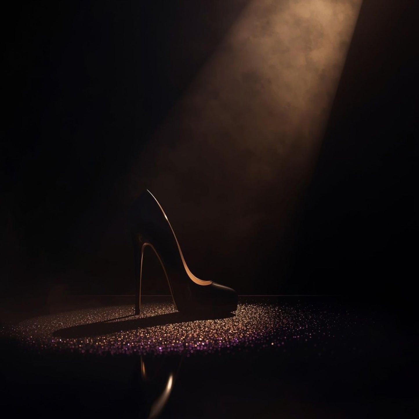 Cinematic black room with a soft spotlight illuminating a stiletto surrounded by gold and purple shimmer, capturing the dark‑sweet glamour of Stiletto Myth, inspired by Carolina Herrera Good Girl