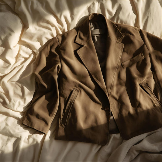 Suede Theory extrait de parfum — a warm, intimate reinterpretation of Memo French Leather. A brown blazer on cream bedding in soft morning light. Tactile, magnetic, and unmistakably human.