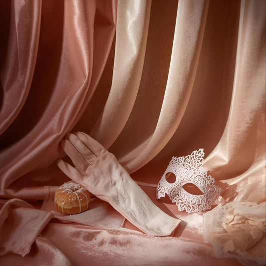 Sugar Veil Reverie extrait de parfum — a candied reinterpretation of Xerjoff Gran Ballo. Wild berries, spun sugar, jasmine, honeysuckle, caramel, and vanilla. A velvet curtain, satin gloves, and lace mask in soft light evoke sweetness, fantasy, and theatrical charm