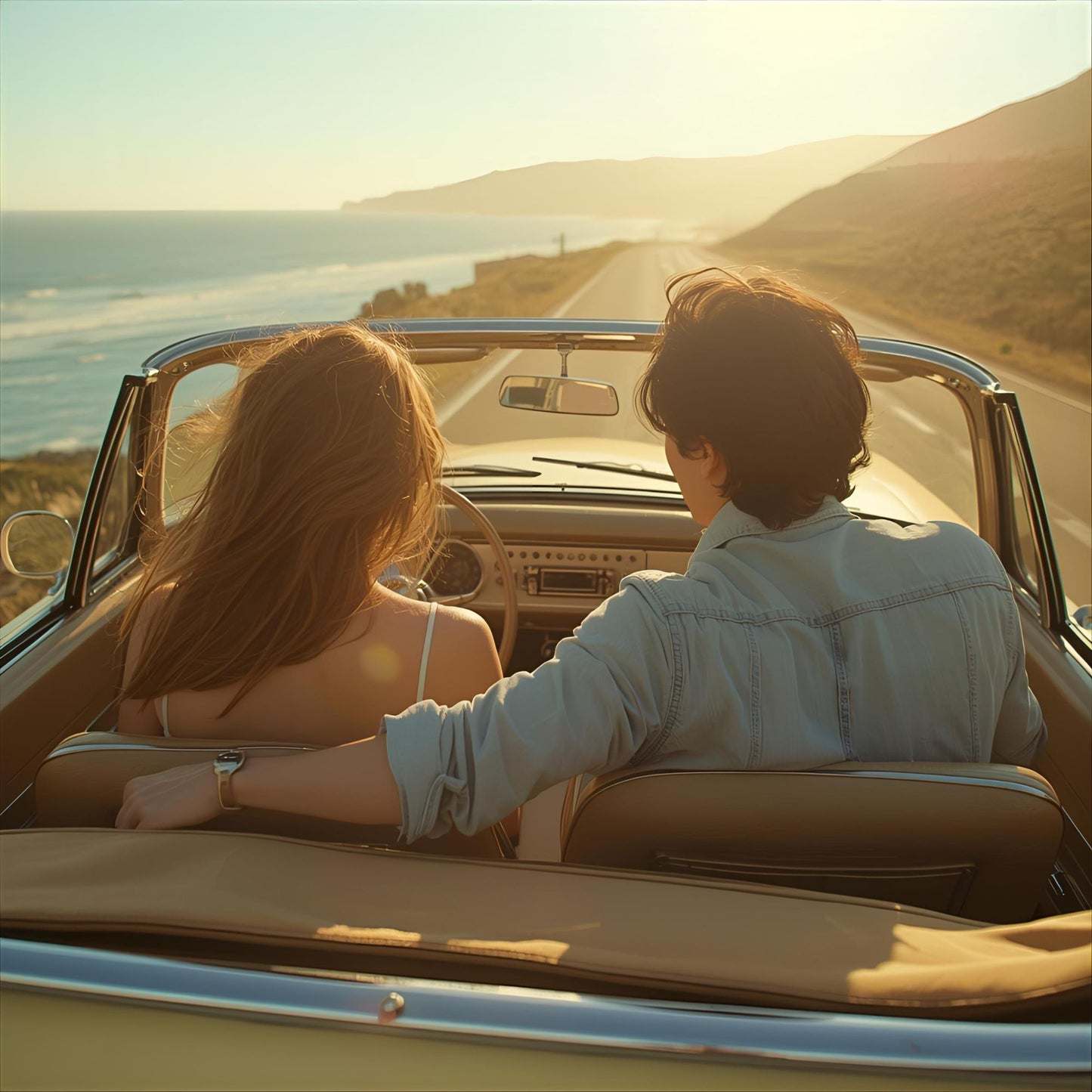 Suntrance extrait de parfum — a radiant reinterpretation of Louis Vuitton Sun Song. Citron, neroli, orange blossom, petitgrain, and musk. A woman and a man drive a vintage convertible along a coastal road at golden hour, evoking warmth, motion, and the lingering trace of summer.