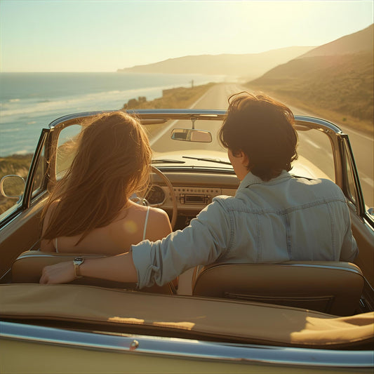 Suntrance extrait de parfum — a radiant reinterpretation of Louis Vuitton Sun Song. Citron, neroli, orange blossom, petitgrain, and musk. A woman and a man drive a vintage convertible along a coastal road at golden hour, evoking warmth, motion, and the lingering trace of summer.