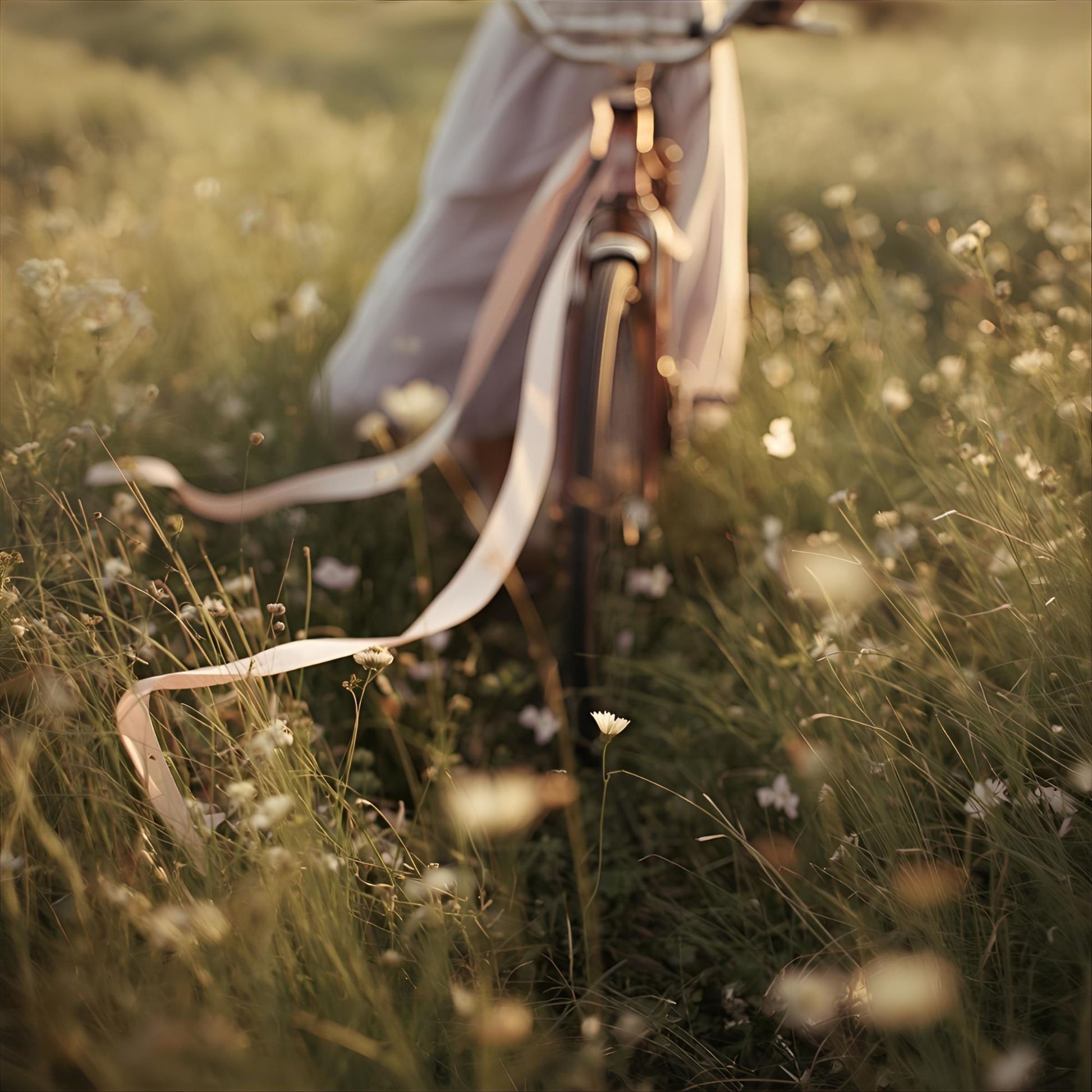 The Light She Left extrait de parfum — a delicate reinterpretation of Dior Miss Dior Blooming Bouquet. Bergamot, peony, rose, and white musk. A woman in a flowing dress walks a bicycle through wildflowers, ribbons trailing in golden light, evoking softness, memory, and quiet defiance.