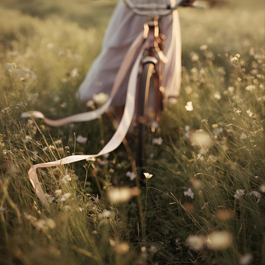 The Light She Left extrait de parfum — a delicate reinterpretation of Dior Miss Dior Blooming Bouquet. Bergamot, peony, rose, and white musk. A woman in a flowing dress walks a bicycle through wildflowers, ribbons trailing in golden light, evoking softness, memory, and quiet defiance.