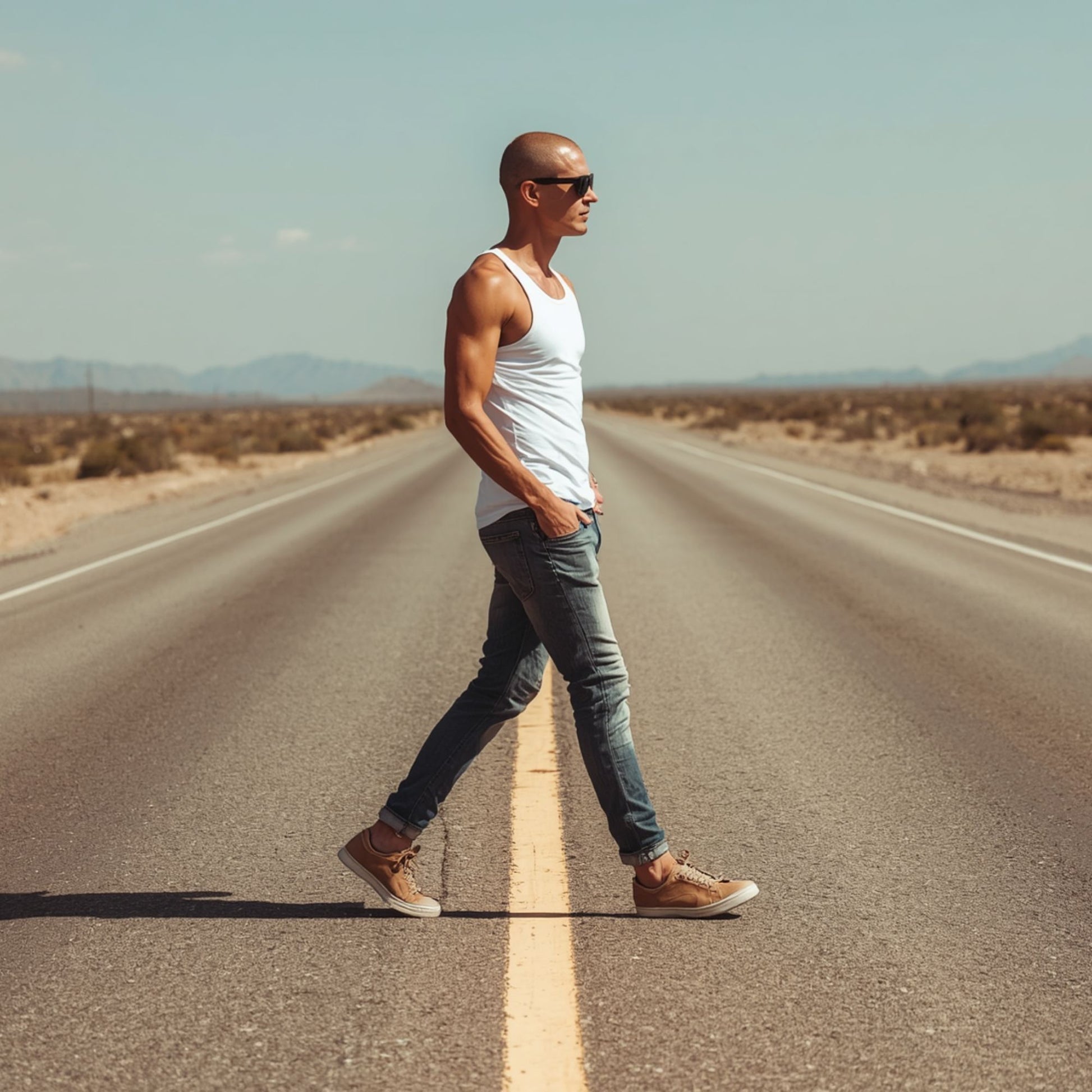 Man in sunglasses walking alone down a straight desert road, wearing a white singlet and jeans