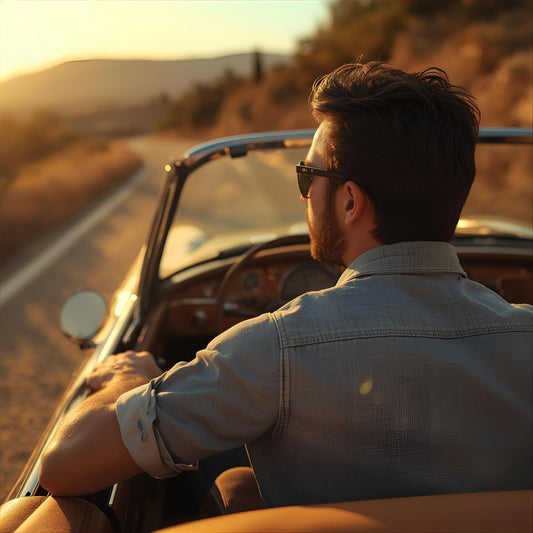 Tuscan Volt extrait de parfum — a bright reinterpretation of Dolce & Gabbana K. Sicilian lemon, blood orange, juniper, clary sage, cedarwood, and vetiver. A man drives a vintage convertible through Tuscany with citrus and espresso, evoking spice, swagger, and olfactive royalty.