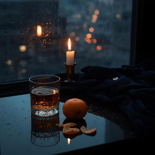 “Twilight Code extrait flat lay with mandarin peel, candlelight, amber drink, and velvet fabric — inspired by Armani Code EDP 2024.”