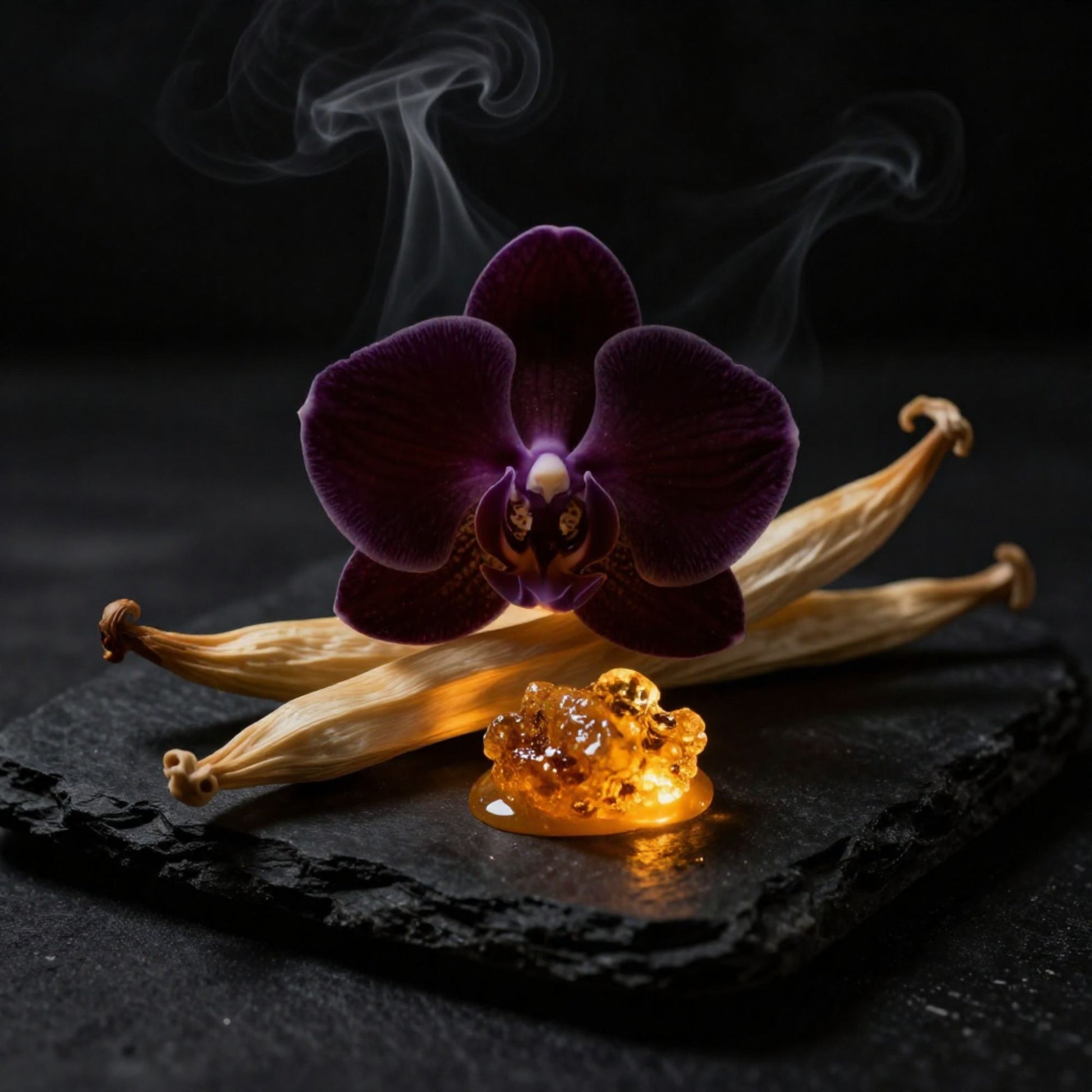 “Cinematic image of a deep purple orchid, dried vanilla pods, warm amber resin, and soft smoke on black slate, capturing the mood of a dark, smoky, resinous vanilla perfume inspired by Guerlain Vanille Planifolia Extrait 21.”“