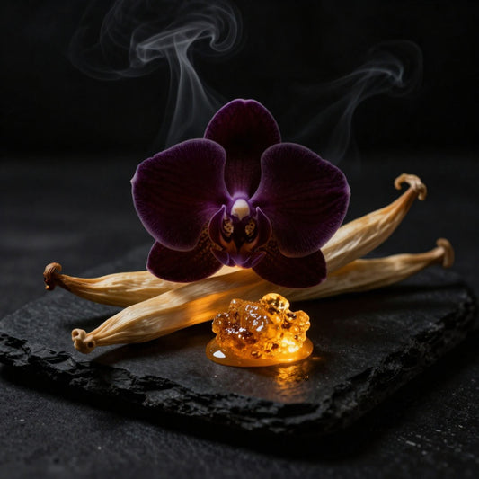 “Cinematic image of a deep purple orchid, dried vanilla pods, warm amber resin, and soft smoke on black slate, capturing the mood of a dark, smoky, resinous vanilla perfume inspired by Guerlain Vanille Planifolia Extrait 21.”“