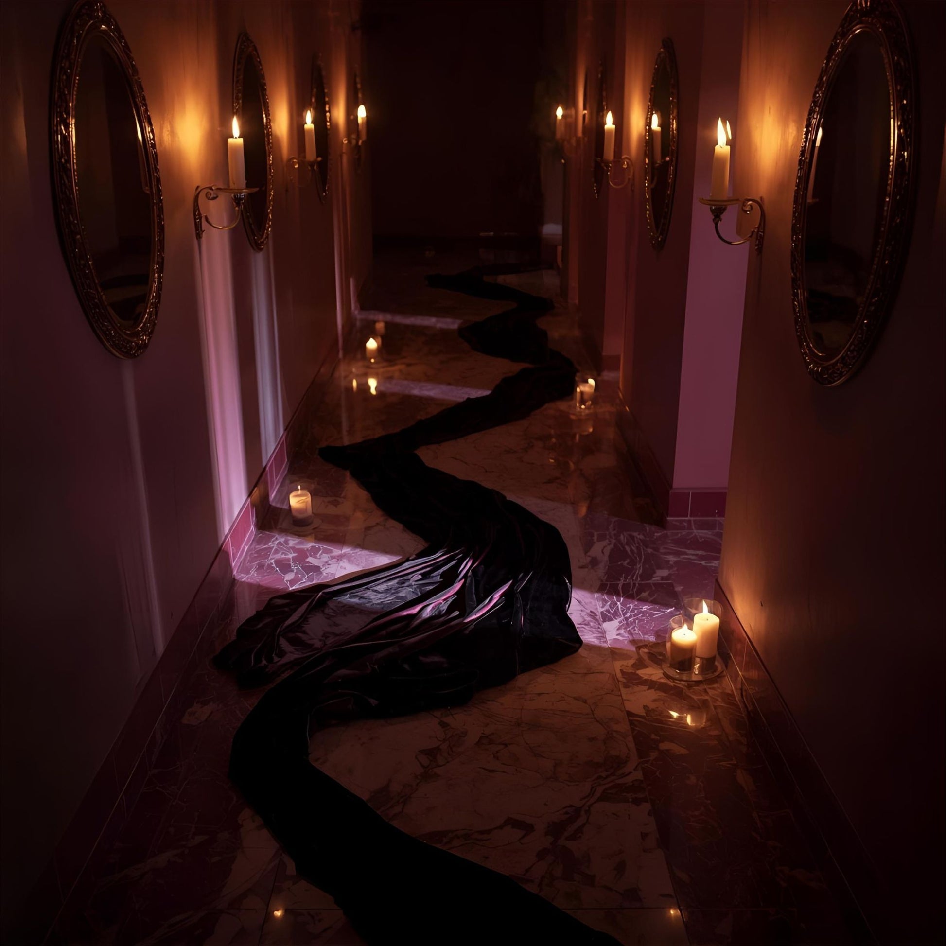 Velvet Eclipse extrait de parfum — a hypnotic reinterpretation of MFK Oud Satin Mood. Oud, violet, rose, benzoin, vanilla, and amber. A velvet gown trails through a candlelit marble corridor, mirrors catching flickers of flame, evoking opulence, mystery, and olfactive seduction.