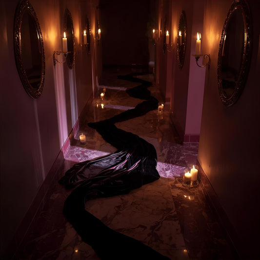 Velvet Eclipse extrait de parfum — a hypnotic reinterpretation of MFK Oud Satin Mood. Oud, violet, rose, benzoin, vanilla, and amber. A velvet gown trails through a candlelit marble corridor, mirrors catching flickers of flame, evoking opulence, mystery, and olfactive seduction.