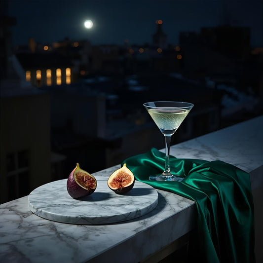 Verdant Vice extrait de parfum — a fresh reinterpretation of YSL Black Opium Illicit Green. Green mandarin, fig leaf, coffee, and cedarwood. Rooftop garden at night with fig, martini glass, and moonlight.