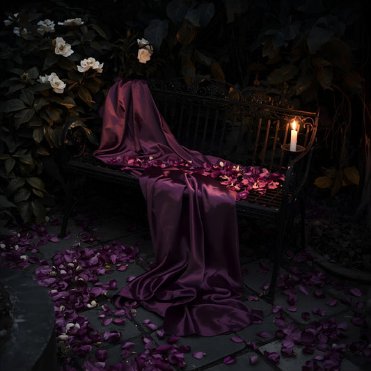 Wicked Bloom extrait de parfum — a lush reinterpretation of Kilian Good Girl Gone Bad. Orange blossom, osmanthus, tuberose, jasmine, narcissus, amber, and musk. A wrought iron bench draped in deep purple satin, scattered with rose petals and lit by candlelight in a moody garden, evoking seduction, danger, and floral intensity.